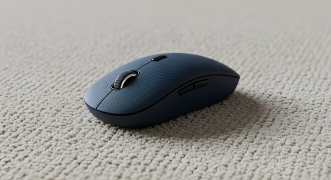Close de mouse sem fio sobre tapete minimalista, design moderno e elegante em ambiente limpo.
