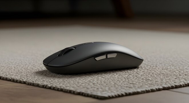 Close de mouse sem fio sobre tapete minimalista, design moderno e elegante em ambiente limpo.