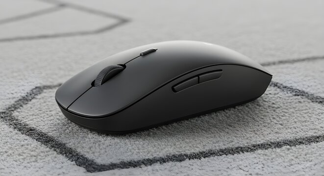 Close de mouse sem fio sobre tapete minimalista, design moderno e elegante em ambiente limpo.