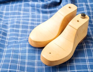 Wooden shoe lasts on blue fabric (1)