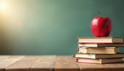 Stack of books with red apple rests on wooden desk. This symbolizes education, learning, and the start of a new academic year. It suggests knowledge, wisdom, and a classic classroom environment.