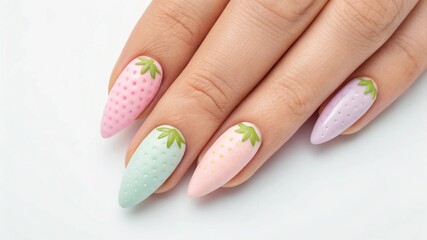 Long pastel stiletto nails with strawberry design – cute feminine nail art on white background.
