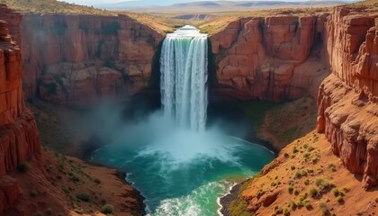Picturesque waterfall plunges into blue pool surrounded by rocky desert canyon. Water cascades down red cliff faces forming natural pool. Scenery offers rugged landscape vista and peaceful flow.