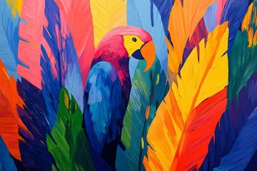 Colorful painting of a parrot surrounded by vibrant feathers in a tropical setting art piece