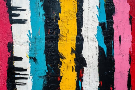 Colorful vertical stripes of paint in shades of pink yellow blue black red and white on a wall