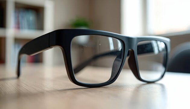 Black smart glasses with camera and mic sit on wooden table. Futuristic eyewear records video photos handsfree. Modern tech gadget for content creation and daily life.