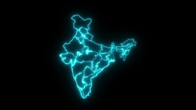 glowing neon India map icon animation on black background. glowing neon India map silhouette. India abstract futuristic concept neon outline map animation. 