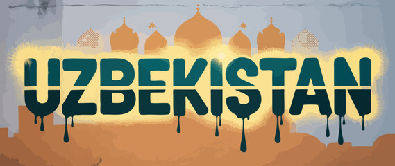 Uzbekistan Typography Art with Dripping Paint Effect and Silhouette of Central Asian Architectural Domes on Transparent Background