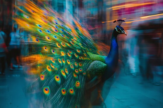 A vibrant peacock displaying its colorful feathers in a blurred urban environment with bright lights - Powered by Adobe