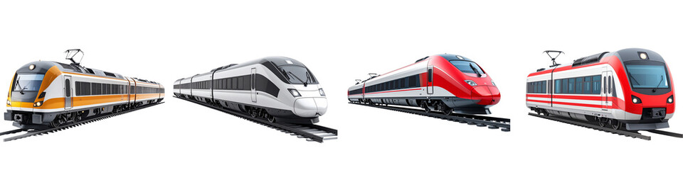 Naklejka premium Four modern high speed passenger trains on tracks isolated on transparent background