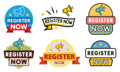 Collection of six vibrant colorful and modern register now badges and stickers with megaphone icons and starbursts for online signups and promotions