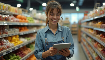 Young woman in denim shirt, apron smiles using tablet in grocery store. Checks inventory, manages stock in supermarket aisle. Female worker organizes fresh produce, food with modern tech, helping