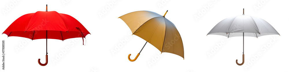 Wall mural three colorful umbrellas displayed on a transparent background isolated on transparent background