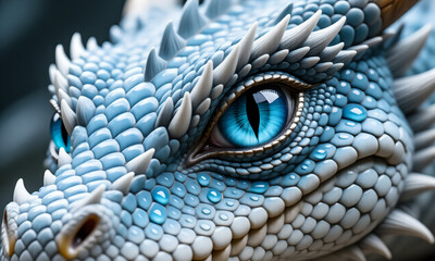 Fototapeta premium Detailed close-up of a blue dragon eye with scaled skin texture.