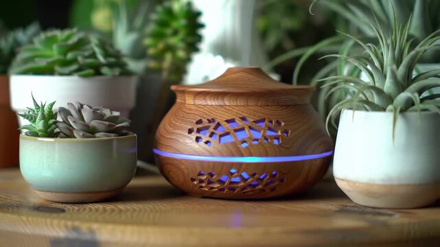 Wooden essential oil diffuser with glowing blue light on a table surrounded by succulent plants for a relaxing aromatherapy session