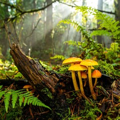 Forest floor mushrooms bathed in sunlight