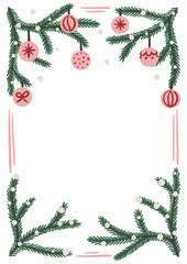 Christmas tree branches decorated with pink baubles and snow, forming rectangular frame. Hand-drawn festive border template with place for text. Winter holiday and Christmas celebration vector design