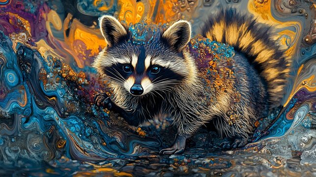 A raccoon with blue eyes surrounded by colorful abstract patterns of blue orange and yellow hues