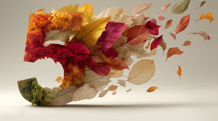 Creative autumn leaf number 5 on neutral background
