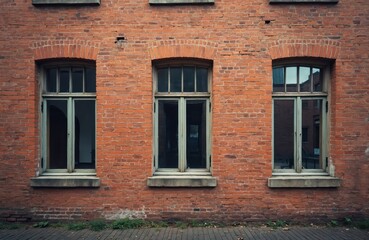 Old brick building facade with arched windows. The weathered red brick wall shows signs of age and history. Cobblestone pavement lies at the base of the structure.