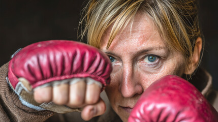 A woman wearing red boxing gloves is in the middle of a punch