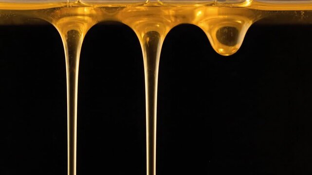 Sweet golden honey dripping in viscous streams a delicious organic nectar with a sticky texture slowly pouring down a macro view of pure natural amber liquid food ingredient