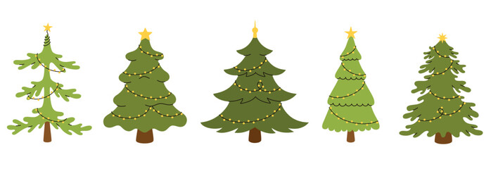 Fototapeta premium A set of Christmas trees of various shapes with garlands. Flat vector illustration.