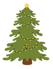Christmas tree with garland and star. Flat vector illustration.