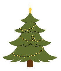 Green Christmas tree with garland. Flat vector illustration.