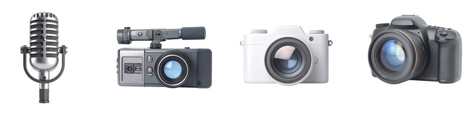 Collection of vintage and modern cameras and microphone isolated on transparent background