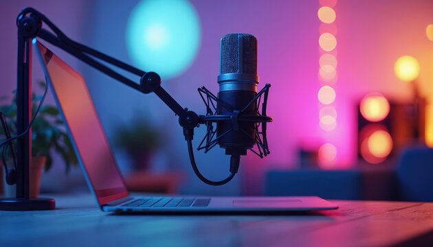 Modern workspace with microphone and laptop. Colorful ambient lighting in background. Ideal for podcasting, streaming, or music production. Creative setup for remote work and content creation.