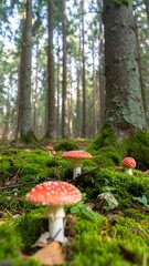 Forest floor with red mushrooms