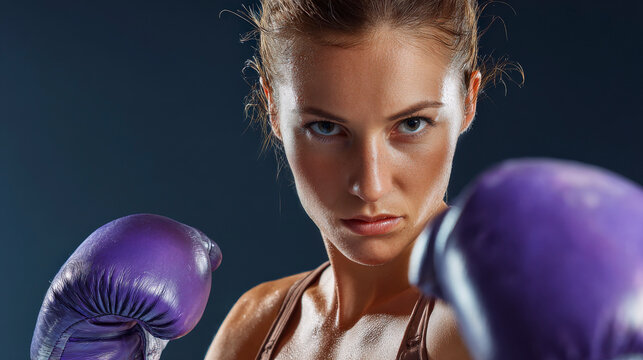 A woman wearing purple boxing gloves is standing in front of a blue background