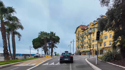 French Riviera. Promenade des Anglais in Nice, Provence-Alpes-Cote d'Azur, France 27 February 2025. 