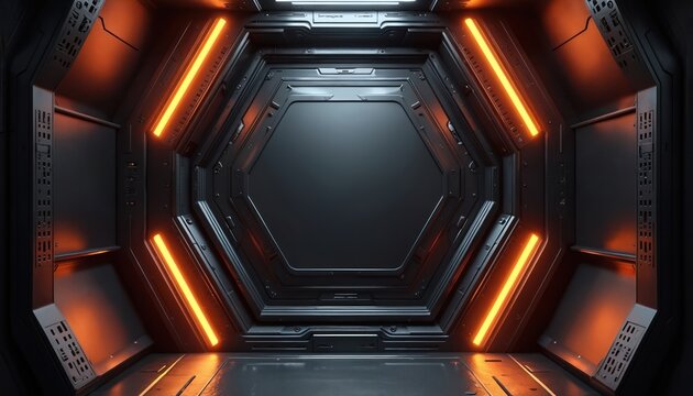 Futuristic interior background with black metal. Orange lights glow along walls. Sci-fi spaceship corridor backdrop. Modern industrial space scene. Tech concept for game design or digital art project.