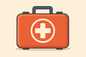 Obraz premium A red first aid kit with a white cross symbol on the front. The kit is closed and has a sturdy handle. It is set against a light beige background.