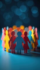 Many colorful paper cut out human figures stand united in circle on vibrant glowing blue background. Group community, connection, teamwork, social network, unity, belonging. Diverse people,