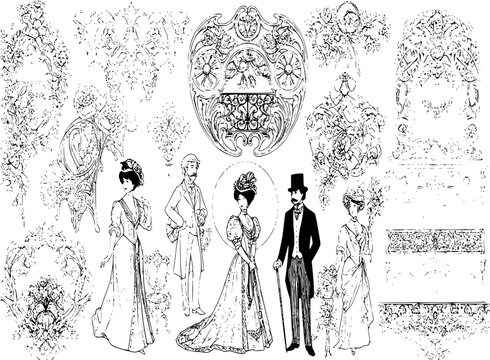 Belle epoque parisian design elements collection: vintage engravings for cards and posters
