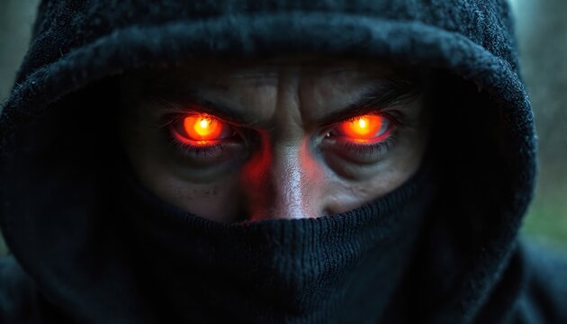 Man in dark hood, scarf. Eyes glow red with intense, mysterious light. Face shows menacing, powerful expression. Portrait suggests evil, supernatural force. Dark fantasy, horror concept for games,