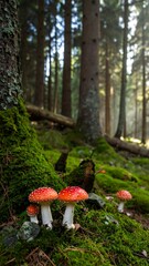 Forest floor with vibrant mushrooms