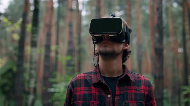 A young man explores the forest with cutting edge VR headset, experiencing nature in a new way.