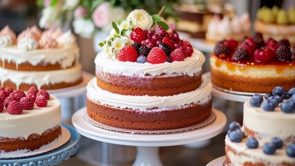 Baking delicious desserts and decorating cakes at a local bakery in the afternoon with fresh fruits and cream