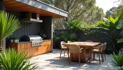 Modern outdoor kitchen with wooden cabinets, grill station in backyard. Island dining table with chairs surrounded by green plants, trees. Sleek, inviting home space for social gatherings, outdoor