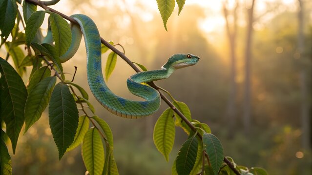 Green-and-blue patterned viper hanging from a vine, body curving in elegant loops, with soft golden light filtering through trees.