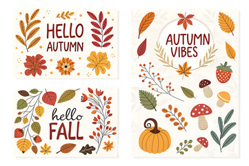 Three autumn themed illustrations with leaves flowers pumpkins and seasonal greetings on a white background