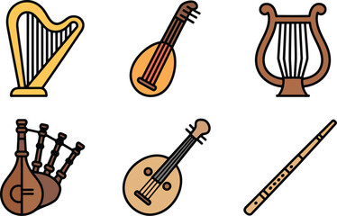 Stringed Instruments Vector Set Featuring Harp, Lute, Lyre, Bagpipes, Mandolin, and Flute on Transparent Canvas