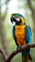 Obraz premium Blue and gold macaw parrot perched on tree branch in natural environment. Vibrant colourful bird with yellow and blue feathers, strong beak, black claws. Avian wildlife close-up portrait outdoors.