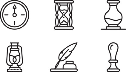 Antique Timekeeping and Writing Tools Icons Set Line Style Featuring Clock, Hourglass, and Quill Pen