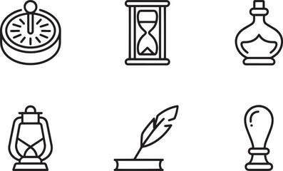 Antique Exploration Icons Set Depicting Compass, Hourglass, Potion, Lantern, Quill, and Seal for Historical Themes