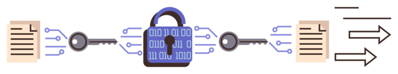 Padlock surrounded by binary code and two keys securing documents with directional arrows. Ideal for cybersecurity, encryption, privacy, secure communication, information transfer, data protection
